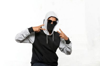 Black & Grey Pullover Hoodie With Mask