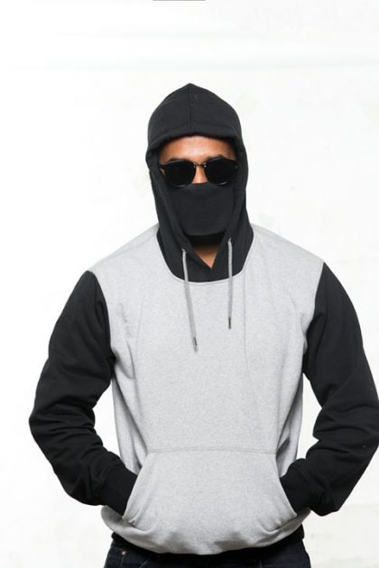 Grey & Black Pullover Hoodie With Mask