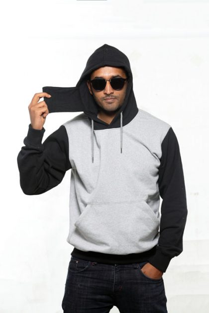 Grey & Black Pullover Hoodie With Mask