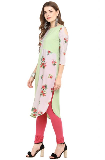 Women Floral Print Green Kurtis