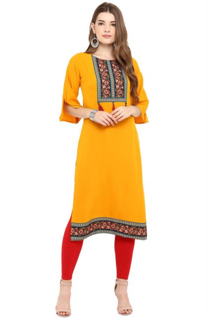Floral Printed Mustard-Yellow Kurtis for Women