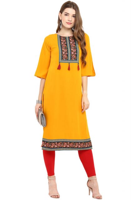 Floral Printed Mustard-Yellow Kurtis for Women