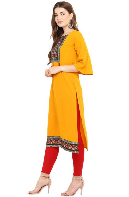 Floral Printed Mustard-Yellow Kurtis for Women
