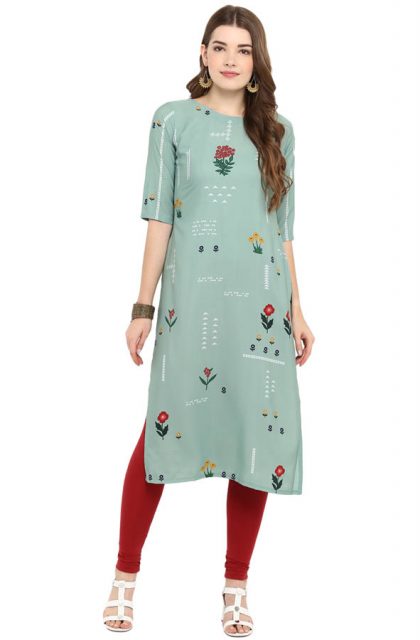 Women Floral Printed Green Kurtis