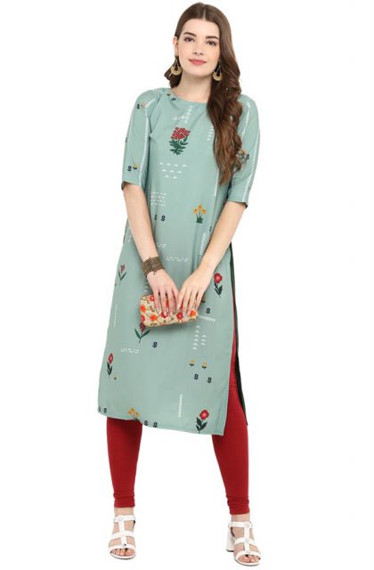Women Floral Printed Green Kurtis