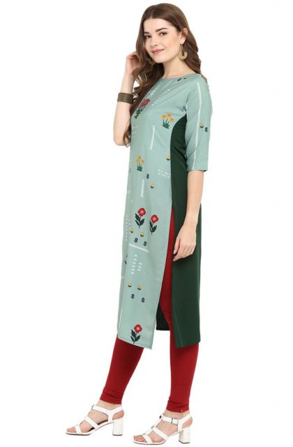 Women Floral Printed Green Kurtis
