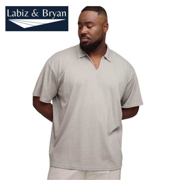 Mens Grey Plus Oversized Interlock V Neck Polo