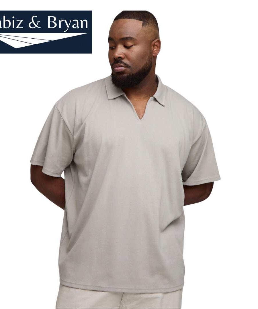 Mens Grey Plus Oversized Interlock V Neck Polo