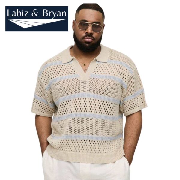 Plus Boxy Oversized Stripe Open Knit Polo