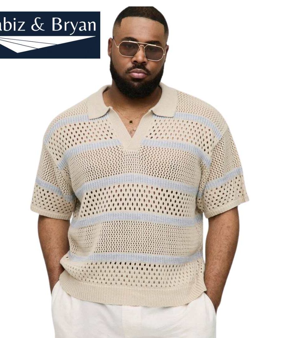 Plus Boxy Oversized Stripe Open Knit Polo