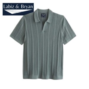Men's Cable Stitch Johnny Collar Sweater Polo in Charcoal Green