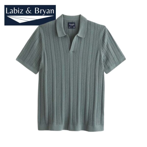 Men's Cable Stitch Johnny Collar Sweater Polo in Charcoal Green