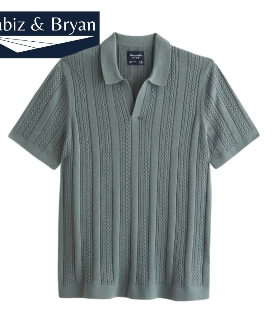 Men's Cable Stitch Johnny Collar Sweater Polo in Charcoal Green