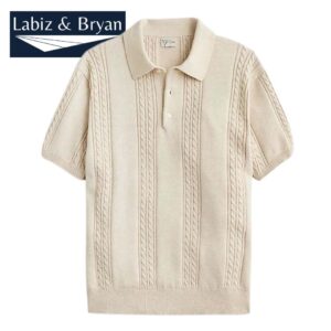 Short-sleeve cotton cable-knit cardigan sweater-polo t-shirt