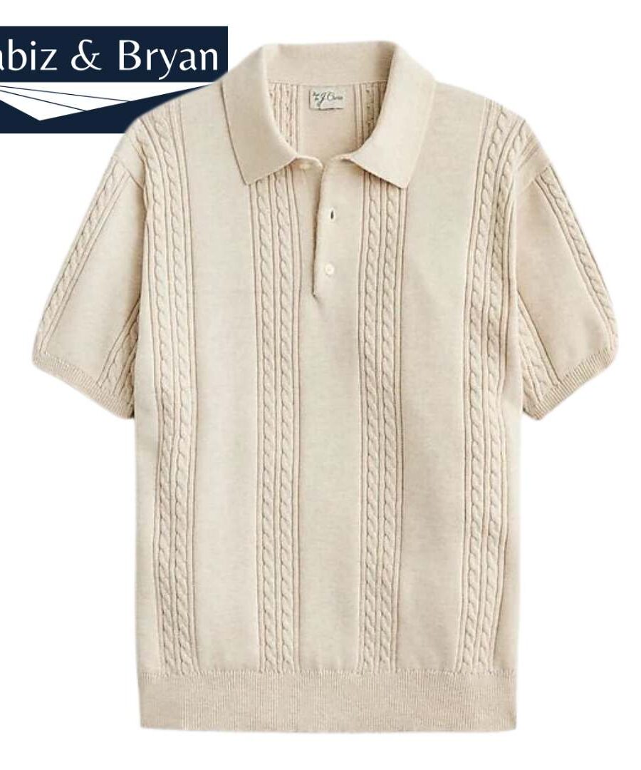 Short-sleeve cotton cable-knit cardigan sweater-polo t-shirt