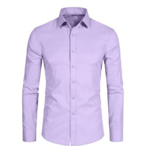 CORFTY Men Long Sleeve Dress Shirt - Regular Fit Stretch Free-Wrinkle Button Down-Purple Shirt