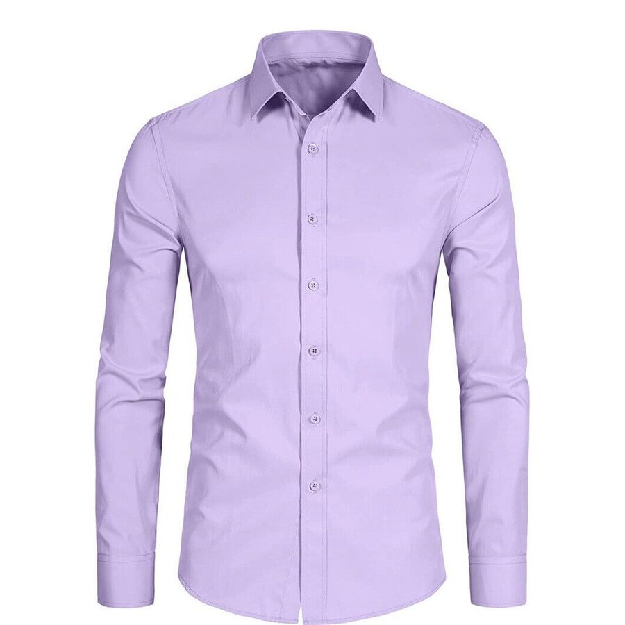 CORFTY Men Long Sleeve Dress Shirt - Regular Fit Stretch Free-Wrinkle Button Down-Purple Shirt