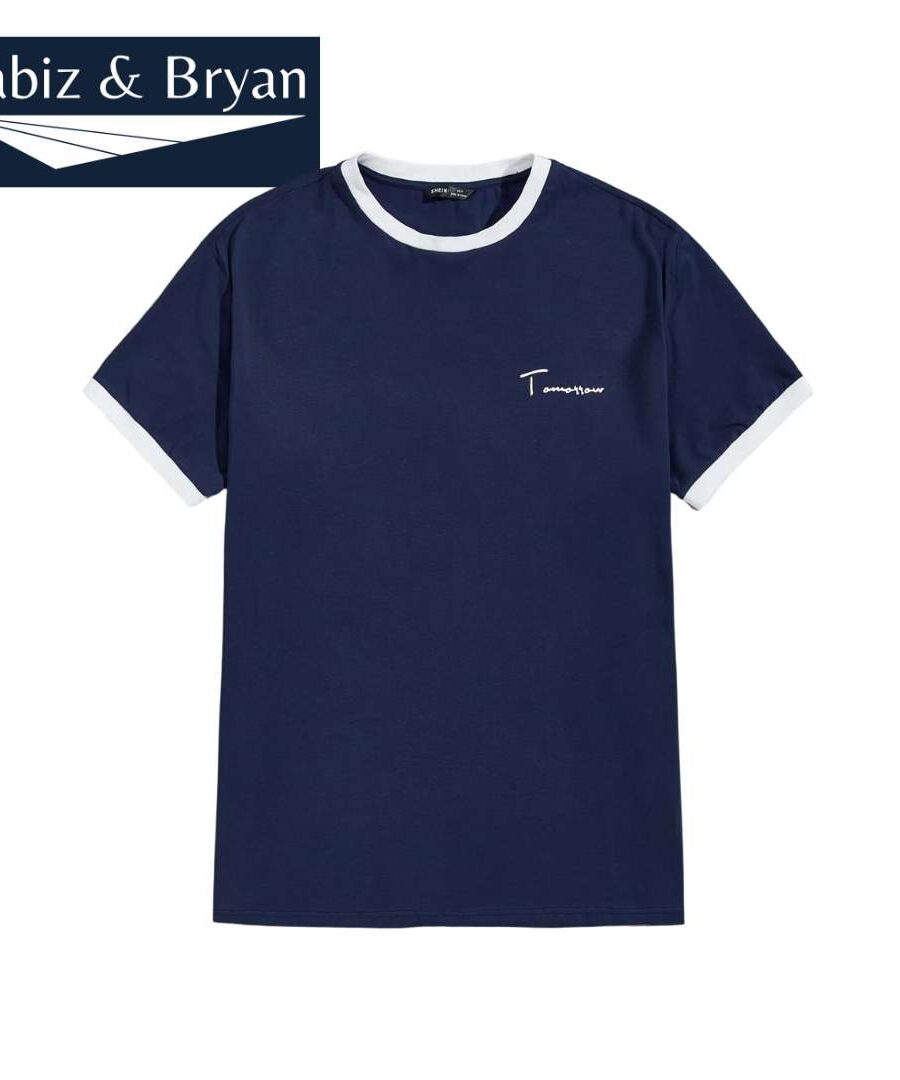 Manfinity Ringer T-Shirt with Letter Embroidery -Pitch Dark Blue