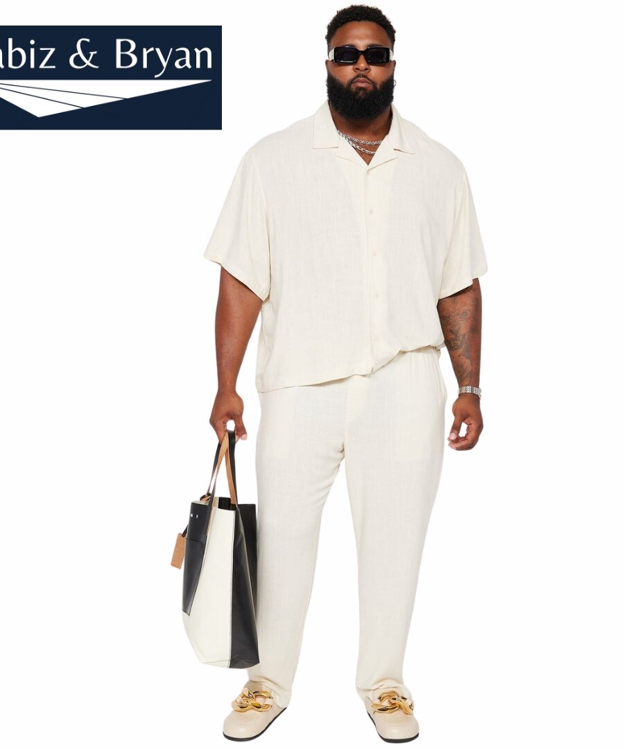 Men's Solid Textured Linen Pull On Side Slit Pants