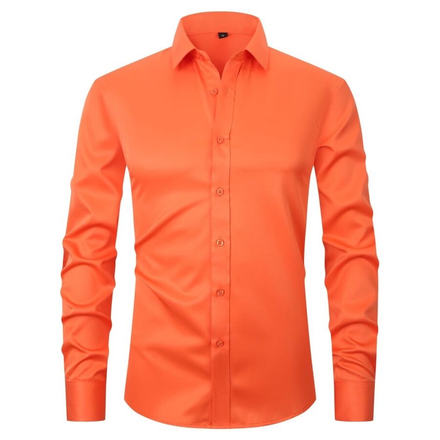 CORFTY Men Long Sleeve Dress Shirt - Regular Fit Stretch Free-Wrinkle Button Down-Orange Shirt