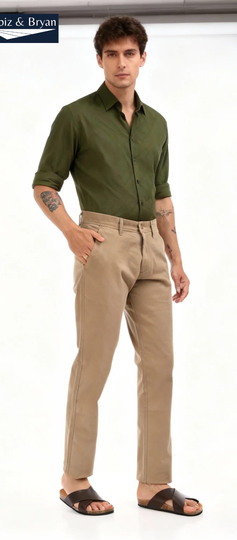 Men's Beige Slim Fit Cotton Twill Chino Pants